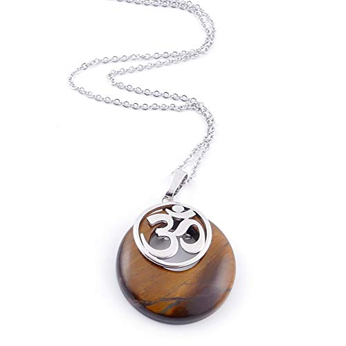 ARITZI - Colgante de Piedra Natural - Ojo DE Tigre con símbolo esotérico en bisutería de Metal - Simbolo de OM - Cadena incluida de Acero Inoxidable (50cm)