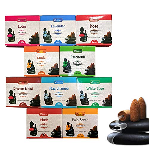 AROMATIKA Rear flow natural incense cones, 12 packages in total 120 units of 10 fragrances of dragon, lavender, musk, Nagchampa, Palo Santo, Rosa, Patchouli, Sandal, White, sage, Lotus
