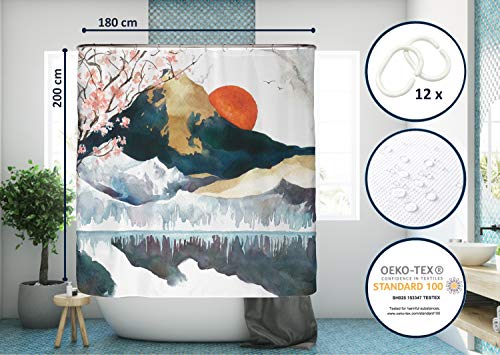 arteneur®- Cortina de Ducha 180x200 Japón – Cortina de Baño de Tela, Antimoho, Lavable, Impermeable y Opaco con Dobladillo Ponderado y 12 Anillas