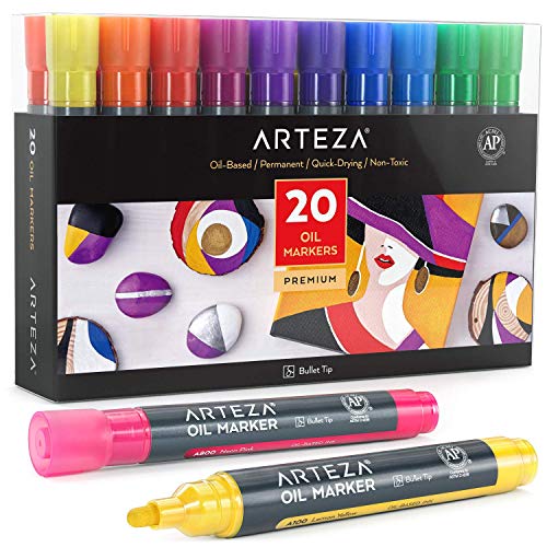 Arteza Rotuladores permanentes de colores con | Pack de 20 | Tinta al óleo | Rotuladores para pintar en cartulina negra, piedra, madera y más