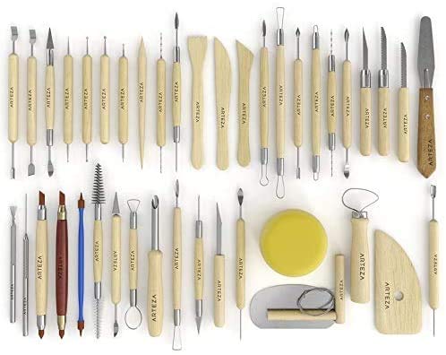 Arteza® Set de herramientas de esculpir arcilla y modelar cerámica, para profesionales o novatos, materiales de madera con puntas de acero inoxidable resistente, en caja de cartón (kit de 42)