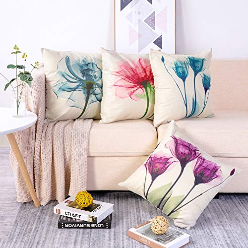 Artscope Funda de Cojín de Algodón de Lino Suave Funda de Almohada Cuadrado para Sofá Cama Decoración para Hogar 45x45cm,Set de 4 (Flor de Fantasia)
