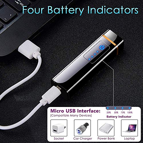 ASANMU Mechero Electrico, Mini USB Encendedor Electrico Pantalla Táctil Mechero Mechero Electric, sin Llama, a Prueba de Fuego, a Prueba de Viento, con Indicador de Batería, Cable USB y Caja de Regalo