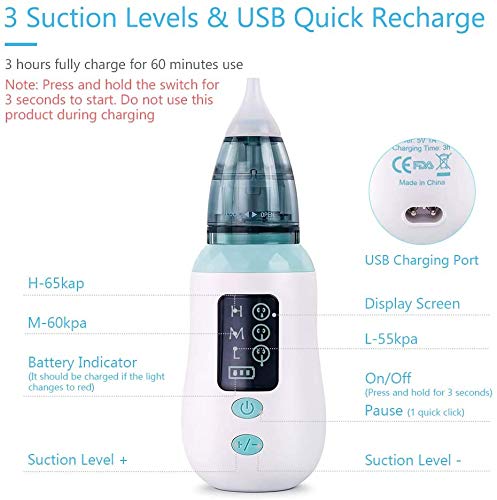Aspirador nasal, limpiador de nariz de carga USB Ultpeak con 3 niveles de succión, removedor de cera del oído con 3 boquillas de lechón reutilizables para bebés y niños pequeños