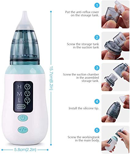 Aspirador nasal, limpiador de nariz de carga USB Ultpeak con 3 niveles de succión, removedor de cera del oído con 3 boquillas de lechón reutilizables para bebés y niños pequeños