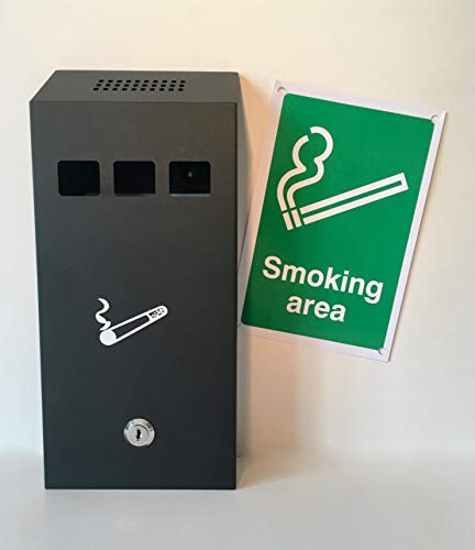Astoria Homeware Cenicero para exterior instalado sobre pared. Contenedor para cigarrillos de uso externo. Acero inoxidable gris con cerradura. Incluye señal de «Zona de fumadores».