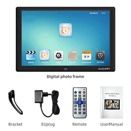 AUCARY Marco de Fotos Digital 10.1 Pulgadas LCD (1920 * 1080),Full HD Pantalla IPS Soporte para Reproductor de Video MP3/ MP4 Reloj/Calendario, Automático Encendido/Apagado con Control Remoto