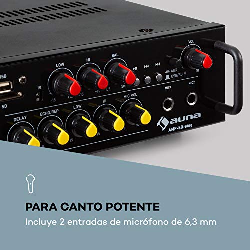auna Amp EQ BT Amplificador HiFi de Karaoke - 2X 30 W RMS, Bluetooth, USB, Ranura SD, Entrada AUX, Salida de línea, 2 entradas de micrófono, Efecto Eco y retardo, Mando a Distancia