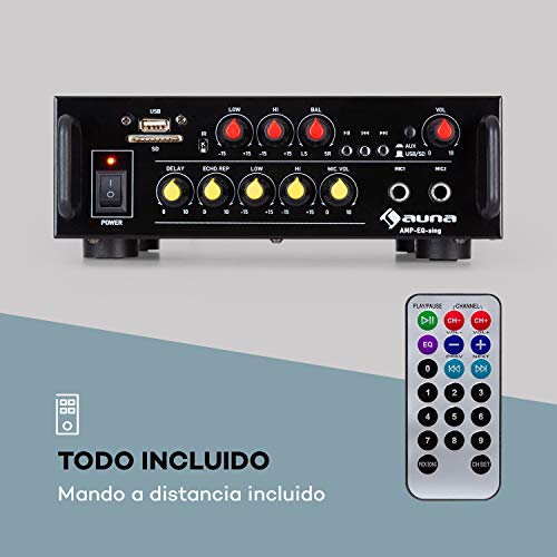 auna Amp EQ BT Amplificador HiFi de Karaoke - 2X 30 W RMS, Bluetooth, USB, Ranura SD, Entrada AUX, Salida de línea, 2 entradas de micrófono, Efecto Eco y retardo, Mando a Distancia