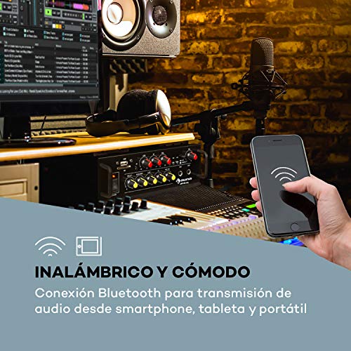 auna Amp EQ BT Amplificador HiFi de Karaoke - 2X 30 W RMS, Bluetooth, USB, Ranura SD, Entrada AUX, Salida de línea, 2 entradas de micrófono, Efecto Eco y retardo, Mando a Distancia