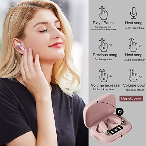 Auriculares Bluetooth 5.0 Auriculares Inalámbricos IPX7 Impermeable Auriculares Bluetooth Deportivos Inalambricos con Microfono 3D Hi-Fi Estéreo Wireless Earbuds para iPhone y Android(Rosa