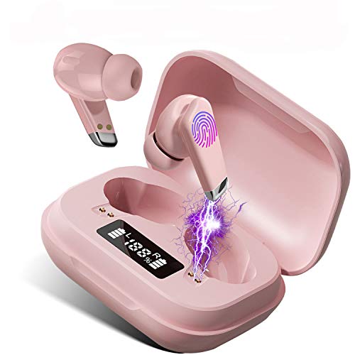 Auriculares Bluetooth 5.0 Auriculares Inalámbricos IPX7 Impermeable Auriculares Bluetooth Deportivos Inalambricos con Microfono 3D Hi-Fi Estéreo Wireless Earbuds para iPhone y Android(Rosa