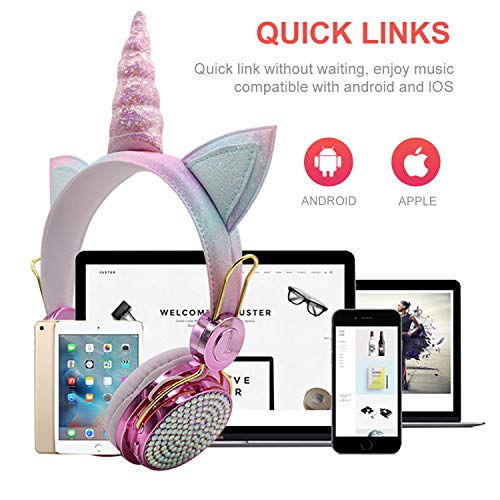 Auriculares Bluetooth con Orejas de Gato para Niña,Auriculares Infantiles Unicornio con Micrófonos,Limitación de Volumen a 85 dB,para iPad iPhone Android PC Player (Inalámbrico)
