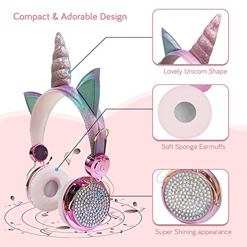 Auriculares Bluetooth con Orejas de Gato para Niña,Auriculares Infantiles Unicornio con Micrófonos,Limitación de Volumen a 85 dB,para iPad iPhone Android PC Player (Inalámbrico)
