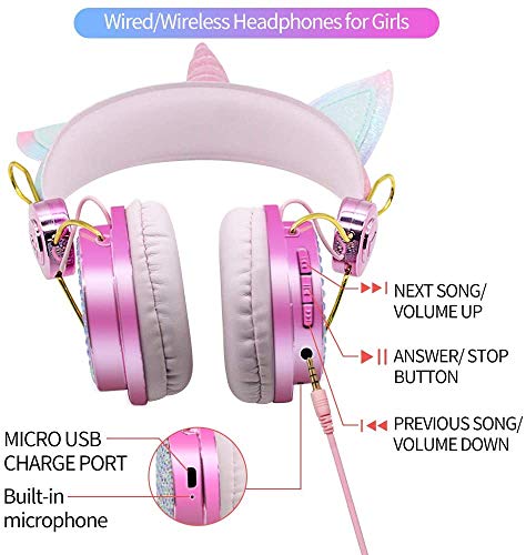 Auriculares Bluetooth con Orejas de Gato para Niña,Auriculares Infantiles Unicornio con Micrófonos,Limitación de Volumen a 85 dB,para iPad iPhone Android PC Player (Inalámbrico)