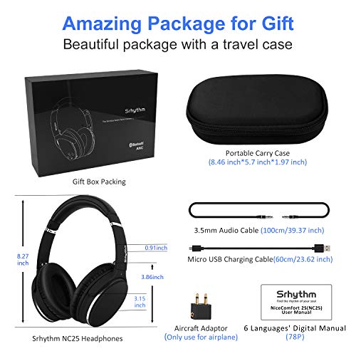 Auriculares de Diadema Estéreo Inalámbricos con Cancelación de Ruido.Srhythm NC25 Headhpones Ligeros Plegables con Hi-Fi, Micrófono Integrado,Compatibles con Todos los Dispositivos Bluetooth