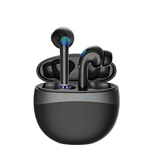 Auriculares Inalámblicos Bluetooth 5.0 Cascos, Mini TWS Sin Cable Cascos In-Ear con Micrófonos Dual, Audífonos Deportivos con Caja de Carga, compatibles con Smartphone, TV, Tablets Blanco Negro