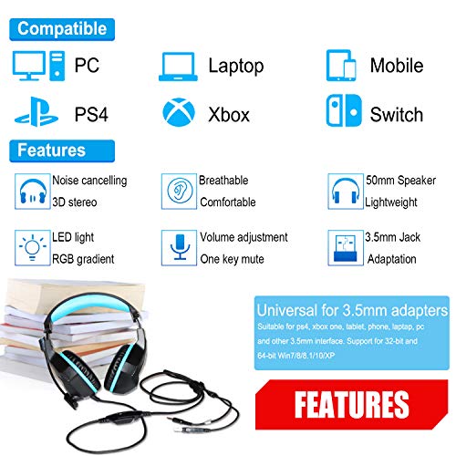 Auriculares PS4, Auriculares Beexcellent Gaming para PC XboxOne + Control de micrófono Jack de 3,5 mm Reducción de Ruido Sonido estéreo Orejeras Suaves Las Luces LED varían en Color