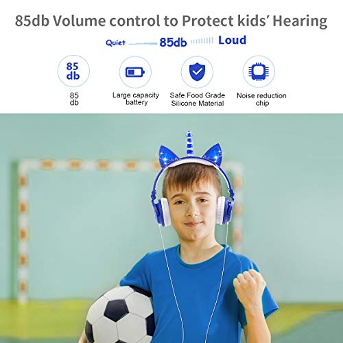 Auriculares Unicorn para niños, Orejeras con Orejas de Gato Que Brillan intensamente con LED, Auriculares con Cable para niños de 85dB Volume Limited, Auriculares inspirados en Gatos para niñas
