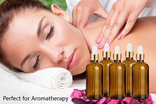 Avalon Cosmetic Packaging – 5 botellas de cristal ámbar con pipeta premium (collar de oro y bombilla de silicona blanca) para belleza, aromaterapia, aseo masculino, aceite de barba y viajes, etc.