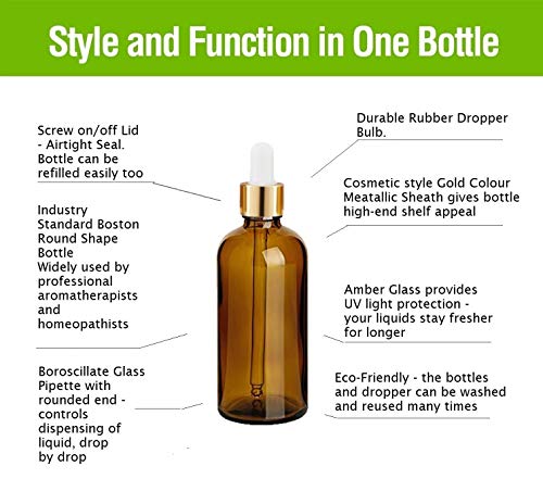 Avalon Cosmetic Packaging – 5 botellas de cristal ámbar con pipeta premium (collar de oro y bombilla de silicona blanca) para belleza, aromaterapia, aseo masculino, aceite de barba y viajes, etc.