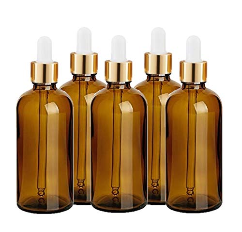 Avalon Cosmetic Packaging – 5 botellas de cristal ámbar con pipeta premium (collar de oro y bombilla de silicona blanca) para belleza, aromaterapia, aseo masculino, aceite de barba y viajes, etc.