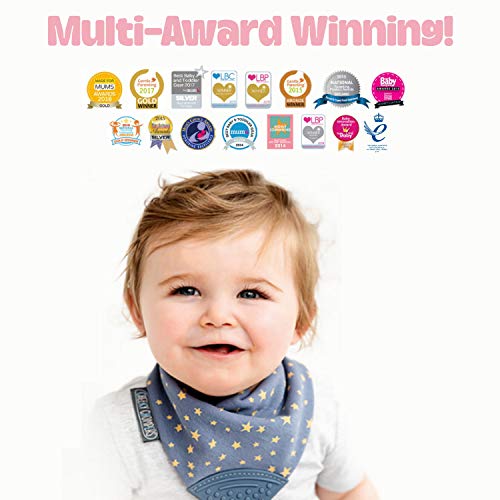 Baberos mordedores para niños y bebés – babero tipo cuello con mordedor de silicona – Diseño pañoleta multi-galardonado de Cheeky Chompers – Súper higiénico + absorbente (Baby Dino)