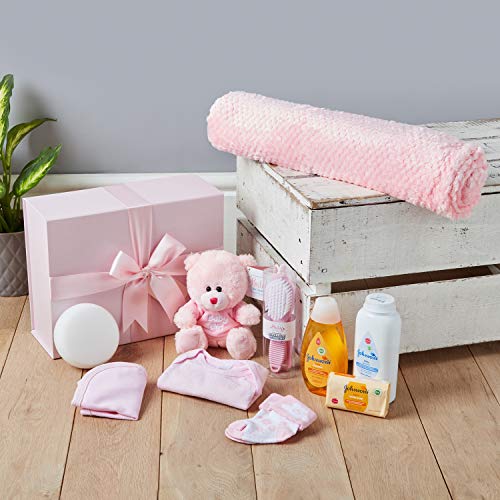 Baby Box Shop - Cesta regalo bebe - Regalos originales para baby shower con esenciales para bebes recien nacidos que incluye oso de peluche y caja recuerdos rosa