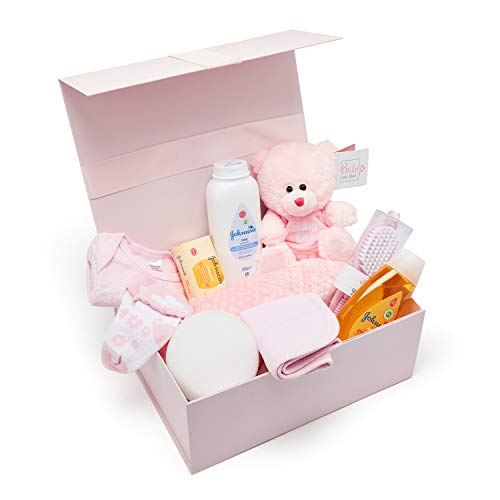 Baby Box Shop - Cesta regalo bebe - Regalos originales para baby shower con esenciales para bebes recien nacidos que incluye oso de peluche y caja recuerdos rosa