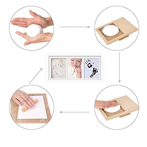 Baby Handprint Footprint Photo Frame Kit para bebé recién nacido, marco de madera original, papel de impresión y almohadilla de tinta Clean Touch (white-33 * 18cm)