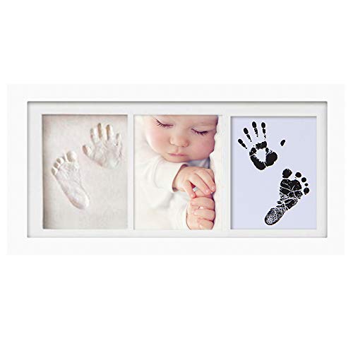 Baby Handprint Footprint Photo Frame Kit para bebé recién nacido, marco de madera original, papel de impresión y almohadilla de tinta Clean Touch (white-33 * 18cm)