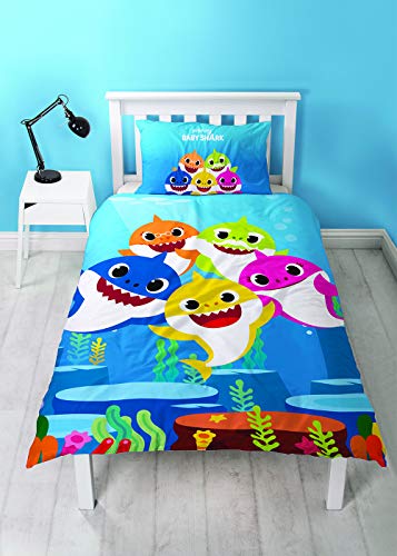 Baby Shark Funda de edredón con Funda de Almohada a Juego, polialgodón, Reversible, diseño de tiburón