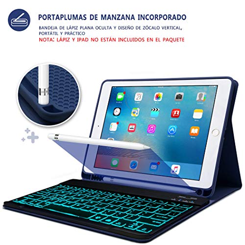 BAIBAO Funda Teclado para iPad 2018, Funda con Teclado para iPad 9.7/iPad 2018(6th Gen)/ iPad 2017/iPad Air 2/1 Funda Bluetooth Inalámbrico 7 LED Retroiluminado (Azul Oscuro)