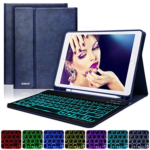 BAIBAO Funda Teclado para iPad 2018, Funda con Teclado para iPad 9.7/iPad 2018(6th Gen)/ iPad 2017/iPad Air 2/1 Funda Bluetooth Inalámbrico 7 LED Retroiluminado (Azul Oscuro)