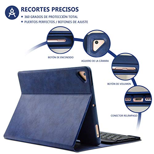 BAIBAO Funda Teclado para iPad 2018, Funda con Teclado para iPad 9.7/iPad 2018(6th Gen)/ iPad 2017/iPad Air 2/1 Funda Bluetooth Inalámbrico 7 LED Retroiluminado (Azul Oscuro)
