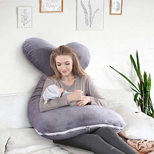 BalladHome® Almohada de Embarazo Almohada en Forma de U, Almohada de Lactancia, con Funda de Terciopelo reemplazable y Lavable para Dormir y Alimentar (Gris, Terciopelo)