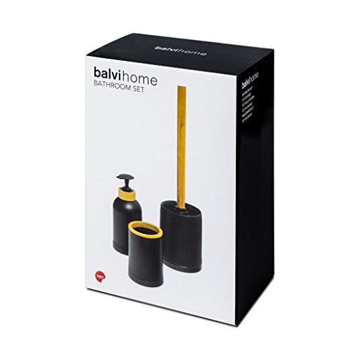 Balvi Set baño Zen Color Negro Conjunto de 3 Piezas Dosificador de jabón, pote y escobilla de baño Plástico PP/bambú