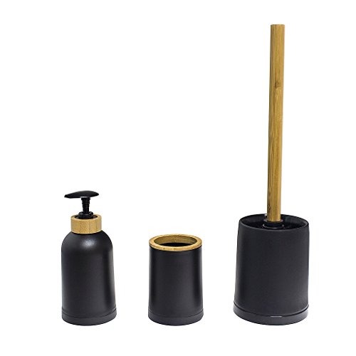 Balvi Set baño Zen Color Negro Conjunto de 3 Piezas Dosificador de jabón, pote y escobilla de baño Plástico PP/bambú