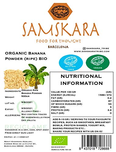 Banana en Polvo cultivo Ecologico BIO SAMSKARA Organic Banana Powder platano en polvo uso alimentacion y maquillaje