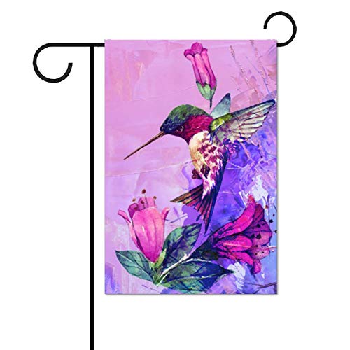 Bandera de algodón, 12 x 18 cm, diseño de flores de verano, para jardín, patio, jardín, decoración al aire libre, rubíes, colibríes, colorete pájaros en la rama