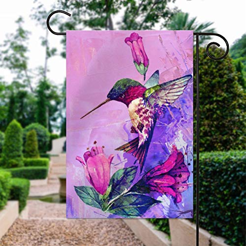 Bandera de algodón, 12 x 18 cm, diseño de flores de verano, para jardín, patio, jardín, decoración al aire libre, rubíes, colibríes, colorete pájaros en la rama