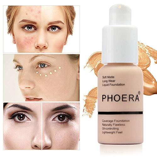 Base Líquida, maquillaje Base de maquillaje Cobertura completa Nuevo 30ml PHOERA 24HR Base de líquido corrector de control de aceite mate (101# Porcelana)