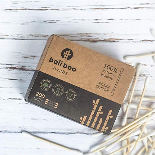 Bastoncillos de Oidos de Bambu y Algodon Organico de Bali Boo | Pack de 200 | Bastoncillos ecologicos y biodegradables de bambu y algodon organico | Palillos para limpieza de oidos | 100% sostenibles