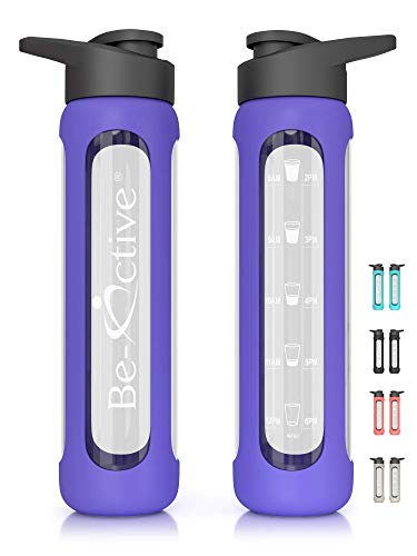 Be-Active Botella de Agua Motivacional de Vidrio de 700ml | botella de agua deportiva con Tiempos de Bebida Hidratado BPA | Estuche de silicona