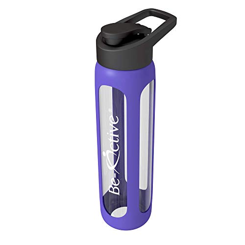 Be-Active Botella de Agua Motivacional de Vidrio de 700ml | botella de agua deportiva con Tiempos de Bebida Hidratado BPA | Estuche de silicona