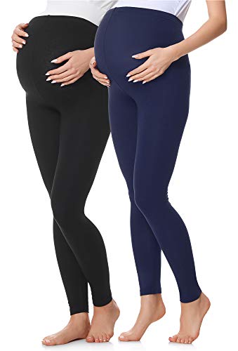 Be Mammy Lote de 2 Leggins Premamá Embarazo Ropa Deporte BE20-230(Negro/Azul Marino, XXL)