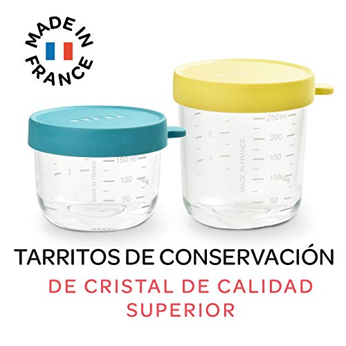 Béaba Bote de conservación de vidrio para comida de bebé, con indicador de cantidad, Resistente al calor y a las diferencias térmicas, para bebés y niños, Hecho en Francia, 400 ml, Azul/Amarillo(Neón)