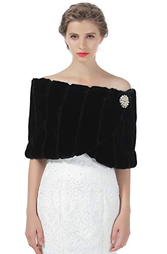 BeAUTELICATE - Chal de piel sintética para mujer, para novia, damas de honor, para invierno, boda, noche, fiesta, broche gratis Negro Negro ( Talla única