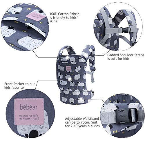 Bebamour Porta Muñecas para Niños Portabebés Delantero y Trasero Original de Algodón para Muñecas para Niños y Niñas (Grey Sheep)