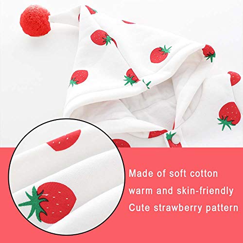 Bebé Mamelucos con Capucha Outfits Abrigo Algodón Mono Manga Larga Niñas Ropa Outwear Pijamas 3-6 Meses Patrón de Fresa,Blanco